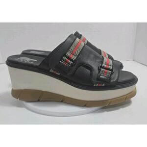 Sorel Joanie III Slip On Platform Wedge Slide Sandals Black Leather Women’s 8.5